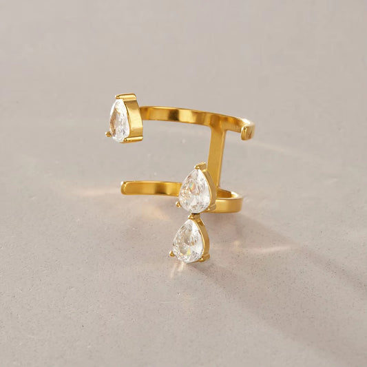 Pear-Cut Crystal Double-Band Open Ring