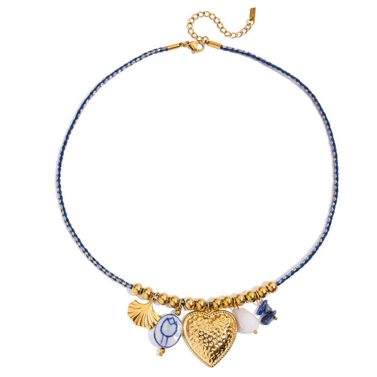 Blue Cord Heart & Shell Charm Necklace