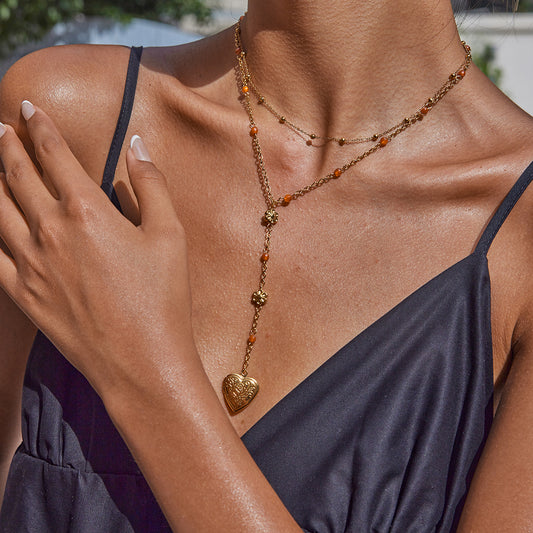Layered Red Beaded Heart Lariat Necklace