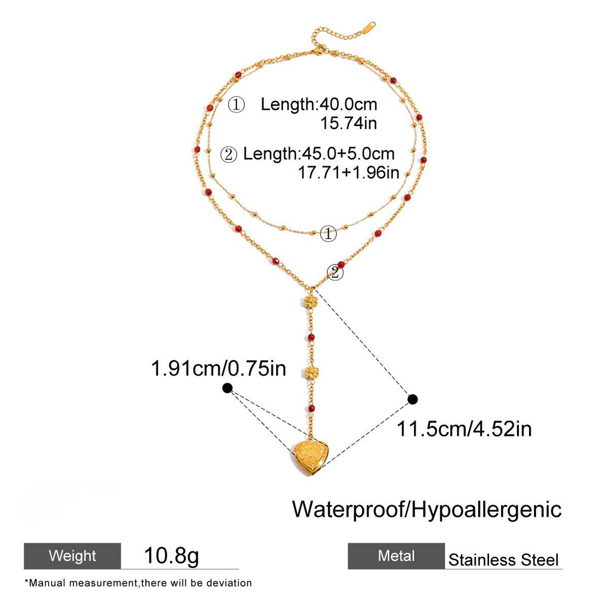 Layered Red Beaded Heart Lariat Necklace