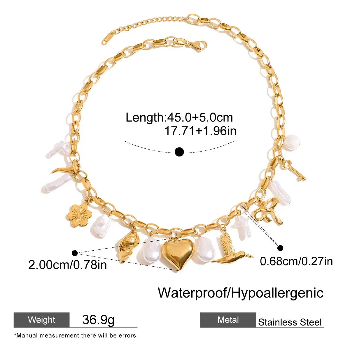 Gold Heart & Charm Pearl Necklace