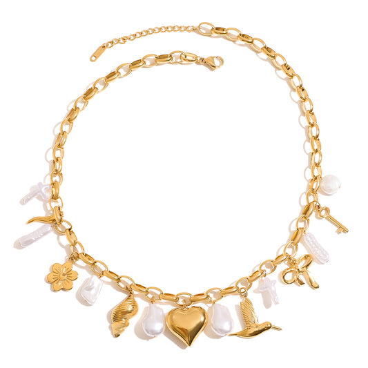 Gold Heart & Charm Pearl Necklace