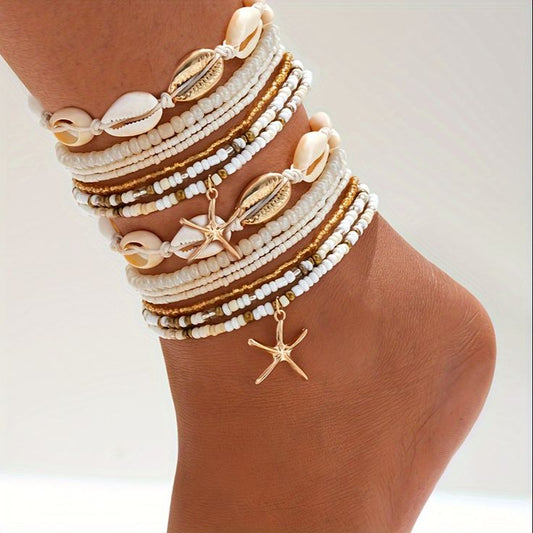 Tidal Cowrie Starfish Layered Anklet Set