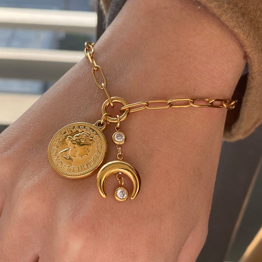 Coin & Crescent Charm Paperclip Bracelet