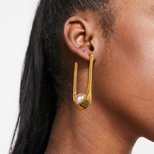 Long Gold U-Shaped Pearl Earrings