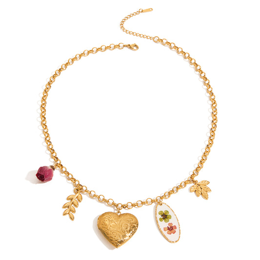 Romantic Heart & Floral Charm Necklace