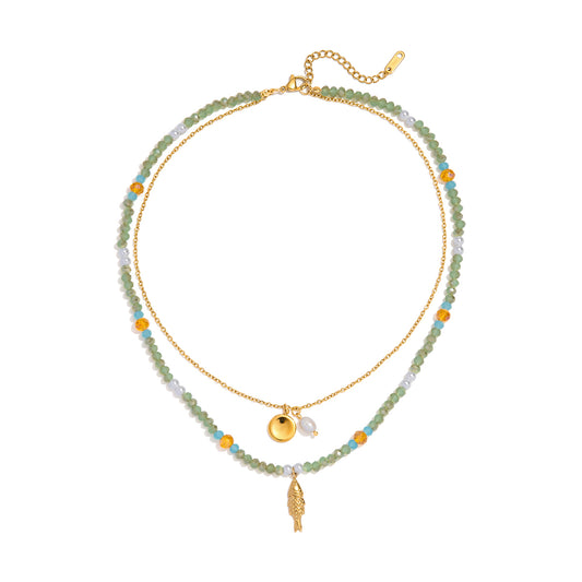 Layered Green Beaded Charm Necklace