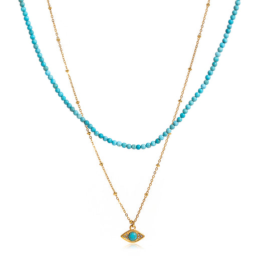 Turquoise Layered Necklace Set – Beaded Choker + Evil Eye Pendant