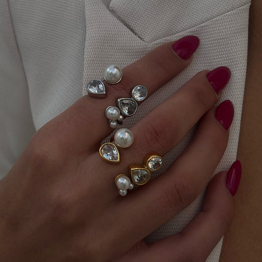 Adjustable Pearl & Crystal Open Ring