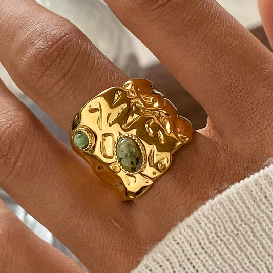 Chunky Gold Green Stone Ring