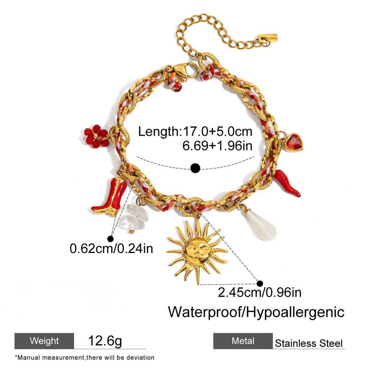 Gold Rope Charm Bracelet with Sun & Chili