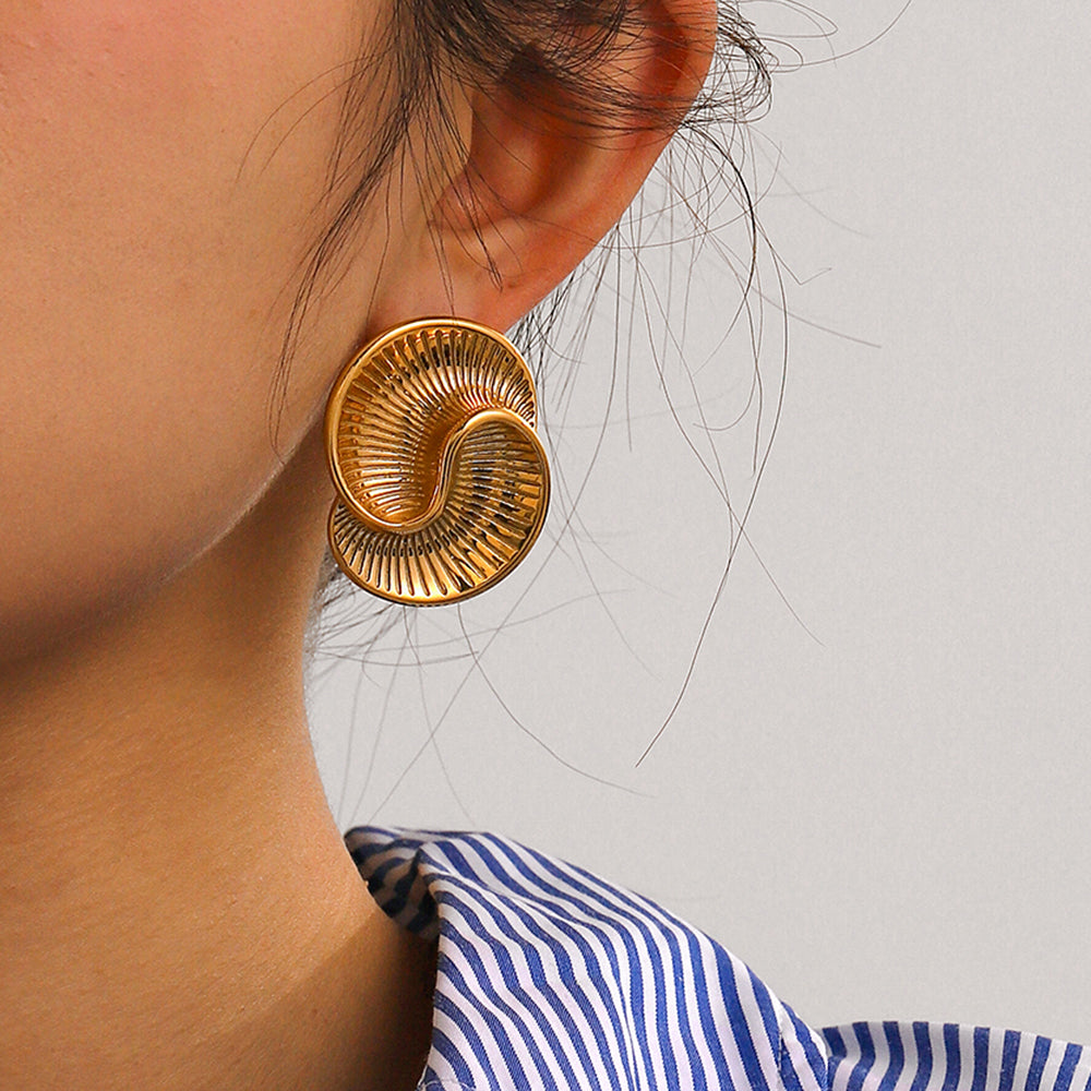 Gold Spiral Fan Stud Earrings for Women
