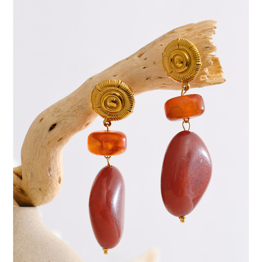 Aurora Resin Drop Statement Earrings – Gold & Terracotta