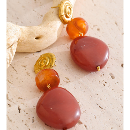 Aurora Resin Drop Statement Earrings – Gold & Terracotta
