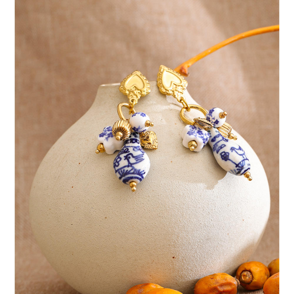 Blue & White Porcelain Charm Drop Earrings