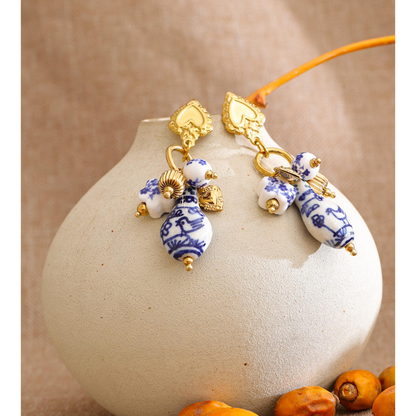 Blue & White Porcelain Charm Drop Earrings