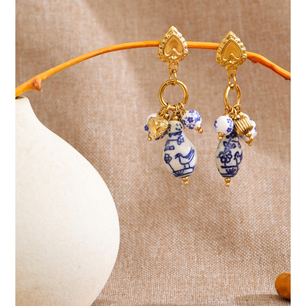 Blue & White Porcelain Charm Drop Earrings