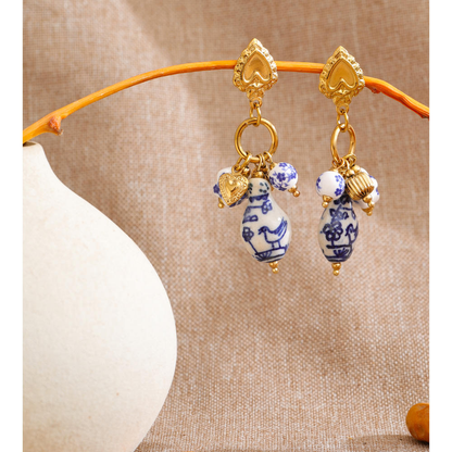 Blue & White Porcelain Charm Drop Earrings