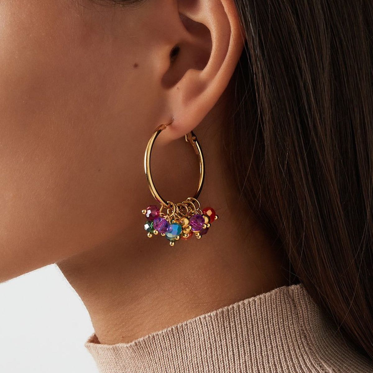 Gold Hoop Earrings with Color Bead Charms