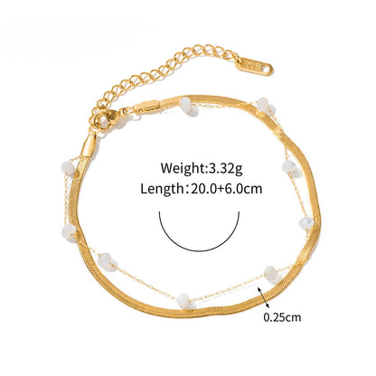 Gold Herringbone Layered Bracelet with White Beads