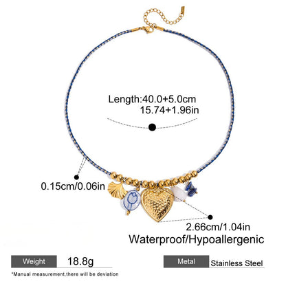Blue Cord Heart & Shell Charm Necklace