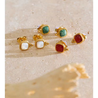 Mini Beaded Square Inlay Stud Earrings