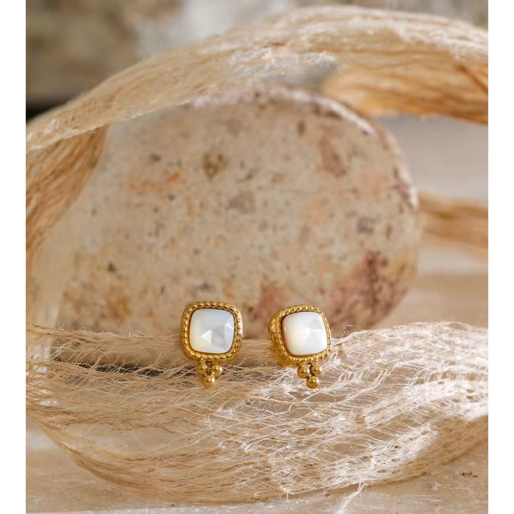 Mini Beaded Square Inlay Stud Earrings