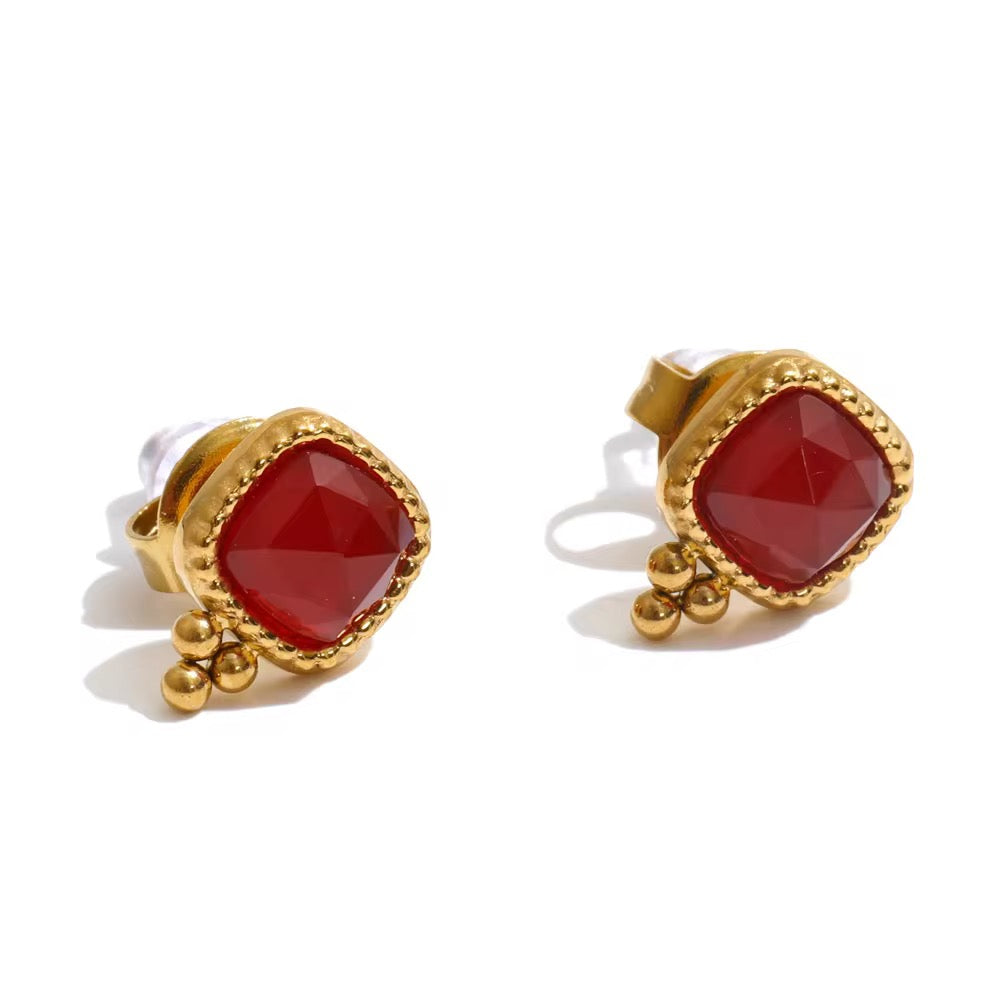 Mini Beaded Square Inlay Stud Earrings