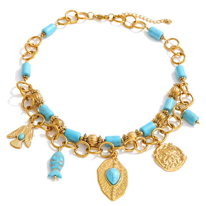 Southwestern Turquoise & Gold Charm Statement Necklace