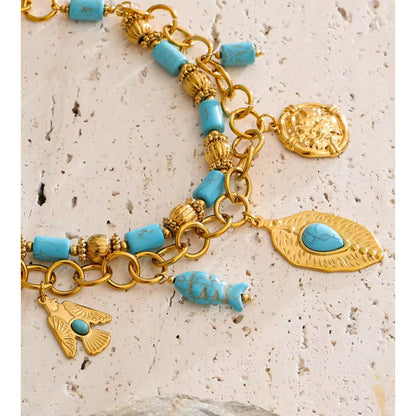 Southwestern Turquoise & Gold Charm Statement Necklace