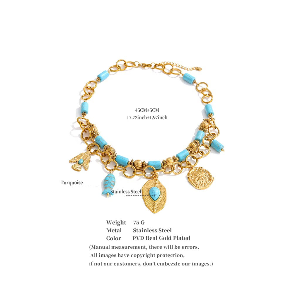 Southwestern Turquoise & Gold Charm Statement Necklace