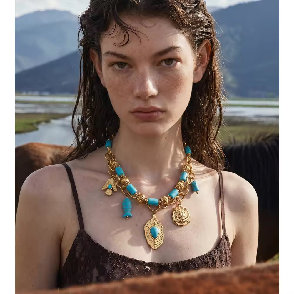 Southwestern Turquoise & Gold Charm Statement Necklace