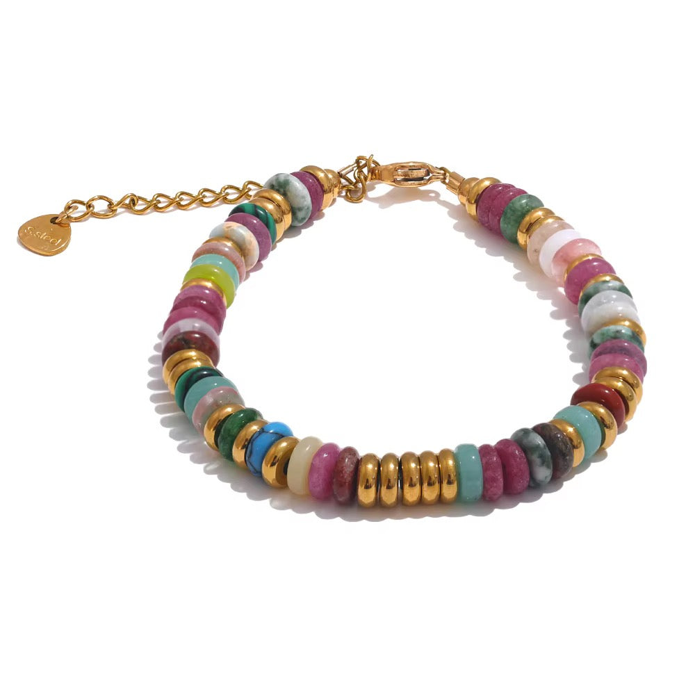 Multicolor Natural Stone Disc Beaded Bracelet