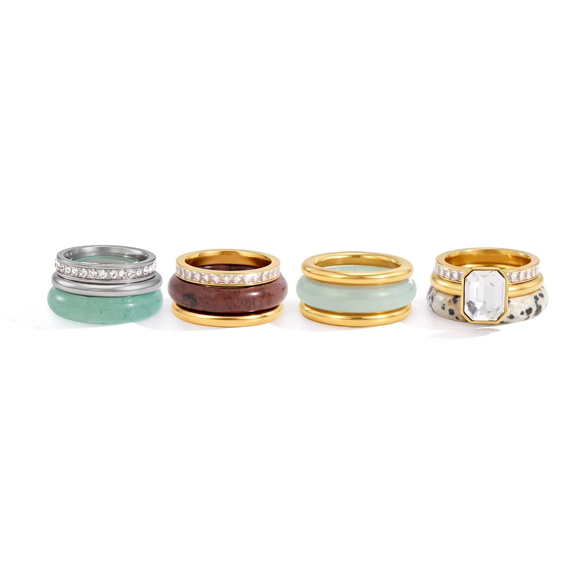 Dalmatian Jasper & Crystal 3-Piece Stacking Ring Set