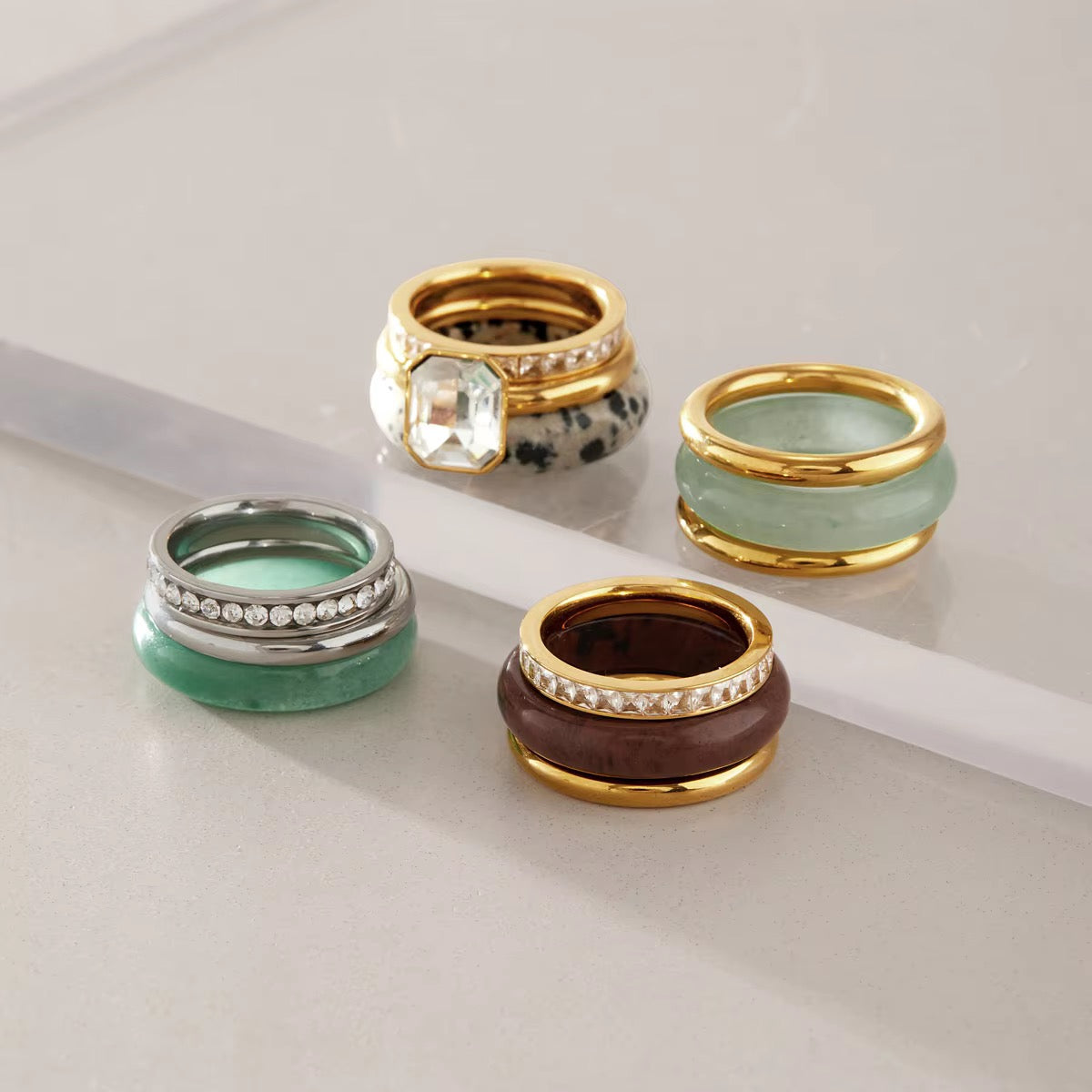 Terracotta Stone & Gold 3-Piece Stacking Ring Set