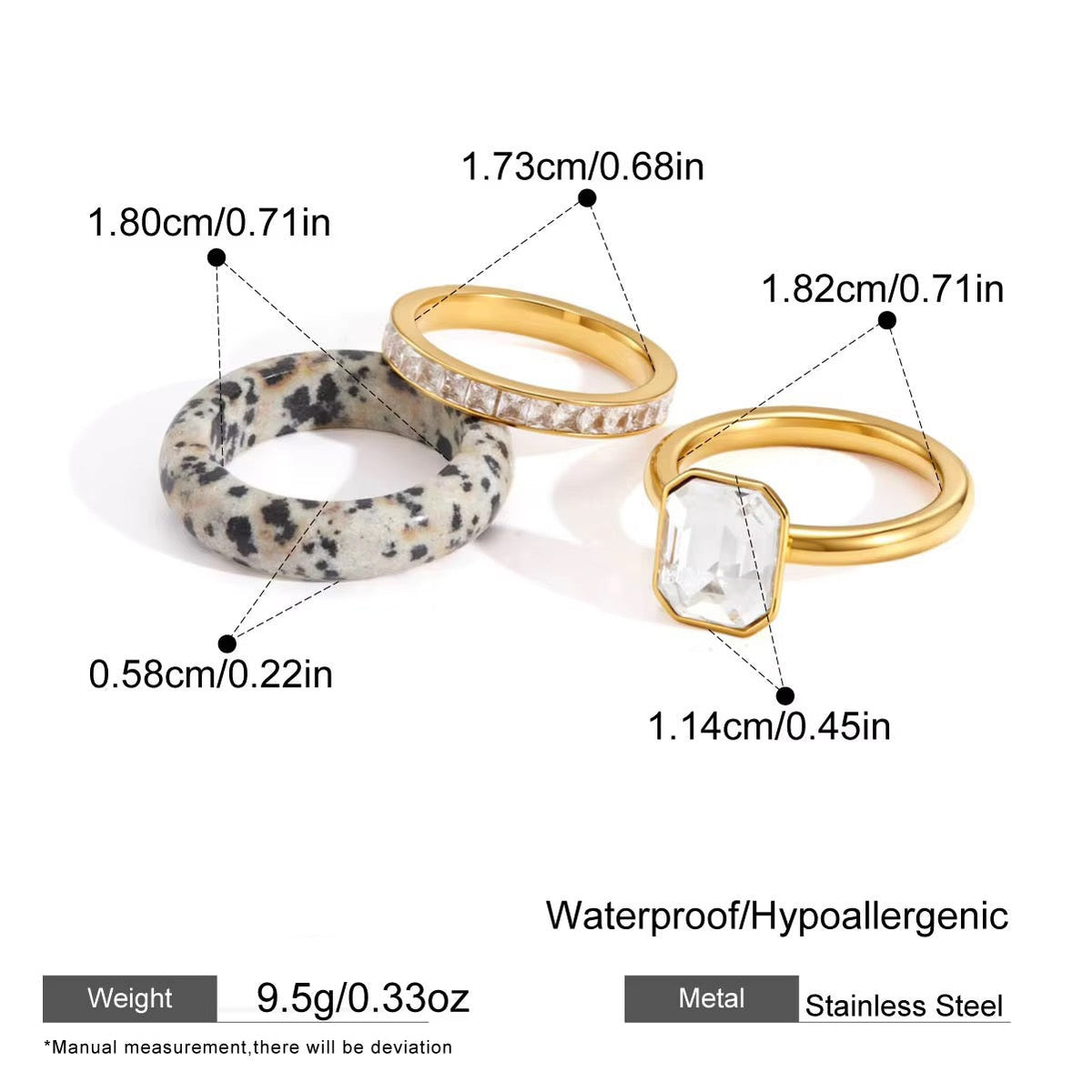 Dalmatian Jasper & Crystal 3-Piece Stacking Ring Set