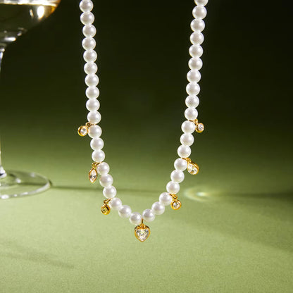 Crystal Heart Dainty Pearl Necklace