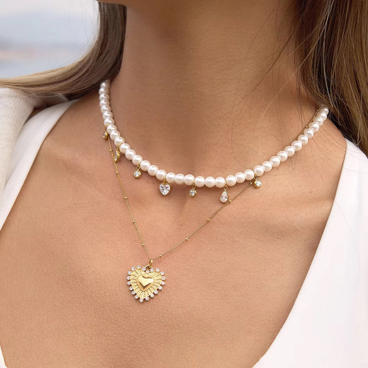 Crystal Heart Dainty Pearl Necklace