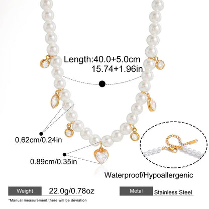 Crystal Heart Dainty Pearl Necklace