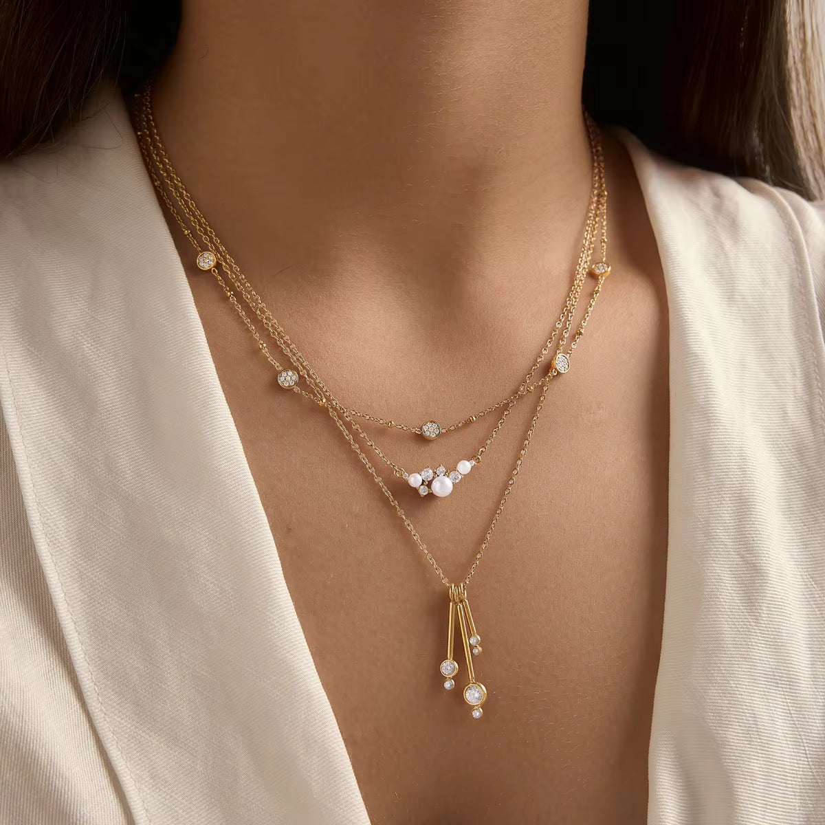 Pink Crystal Waterfall Bar Pendant Necklace