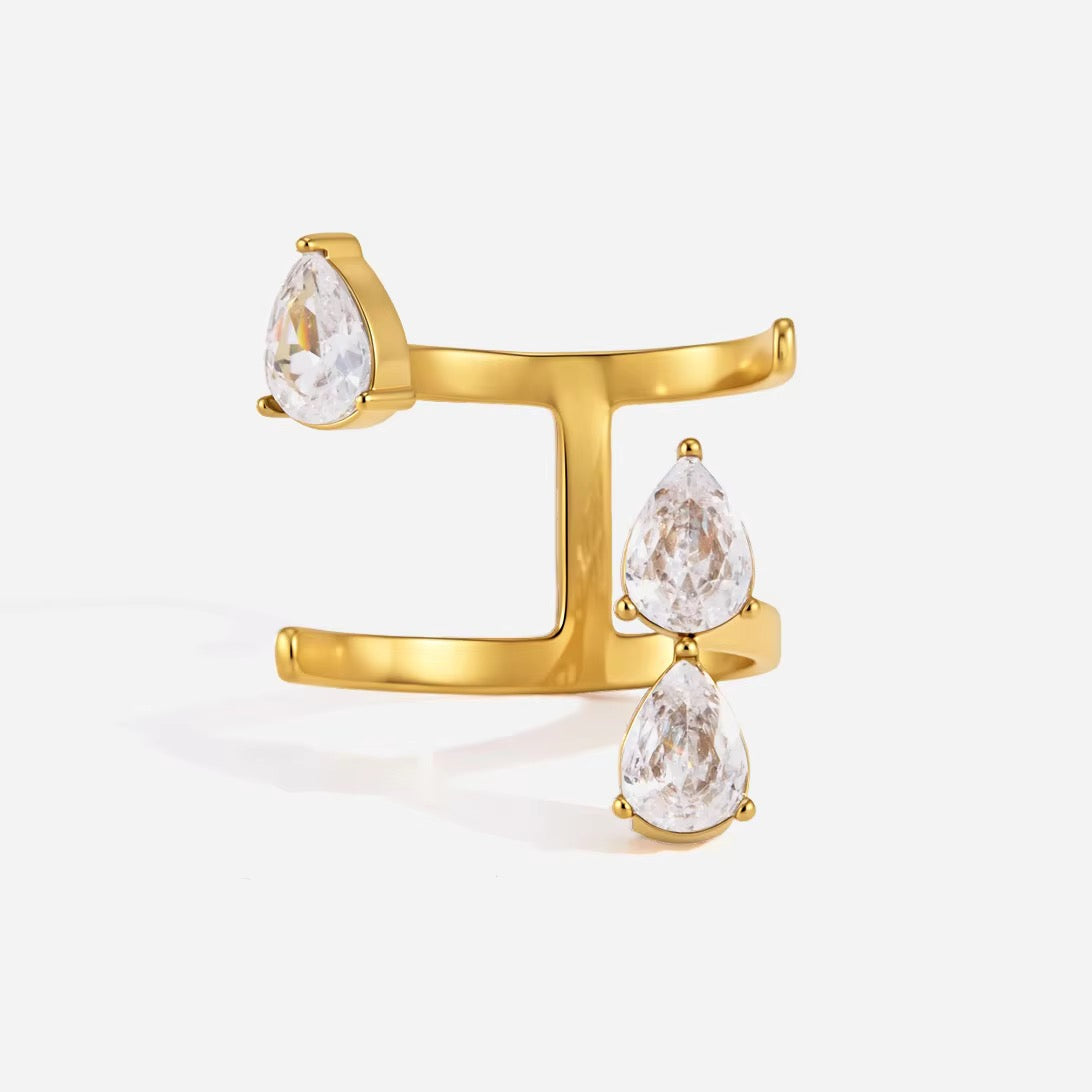 Pear-Cut Crystal Double-Band Open Ring
