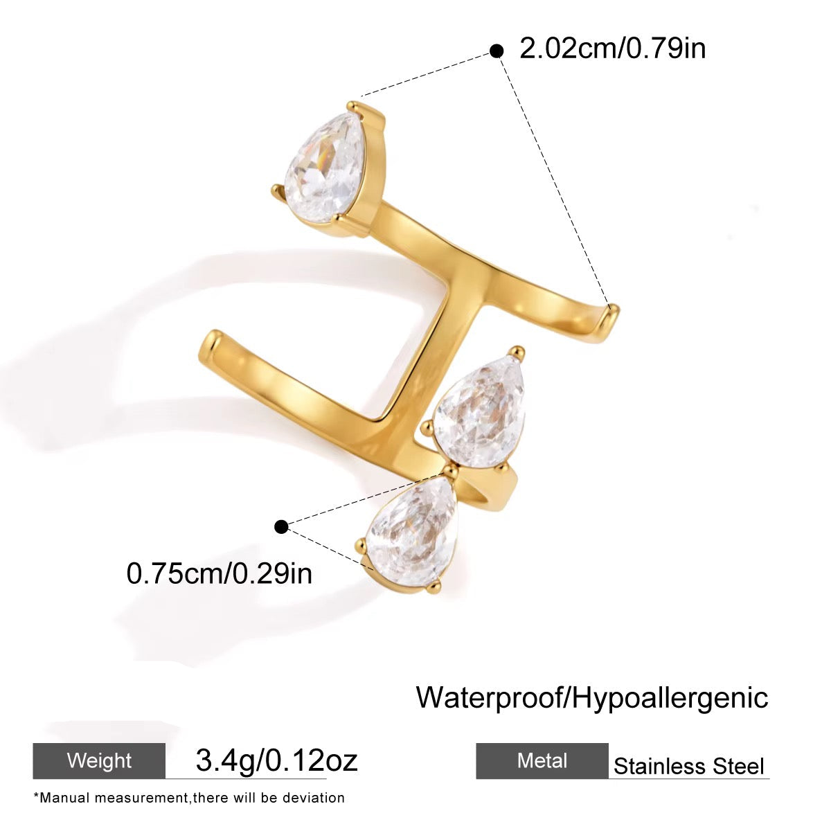 Pear-Cut Crystal Double-Band Open Ring