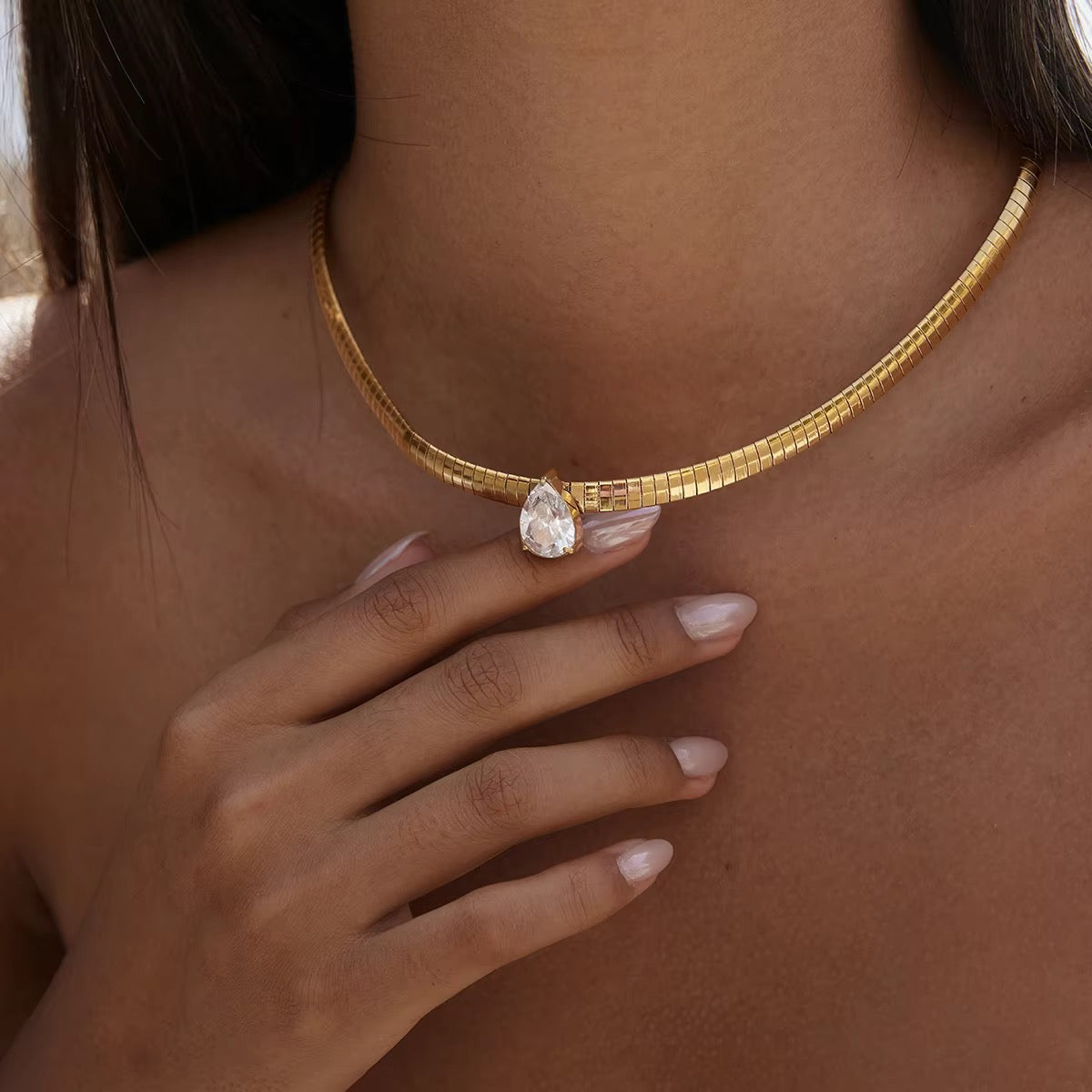 Pear Cut Crystal Omega Choker Necklace