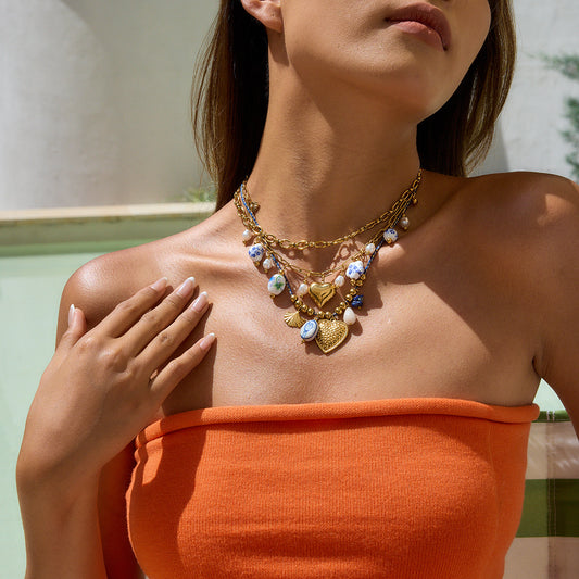 Blue Cord Heart & Shell Charm Necklace