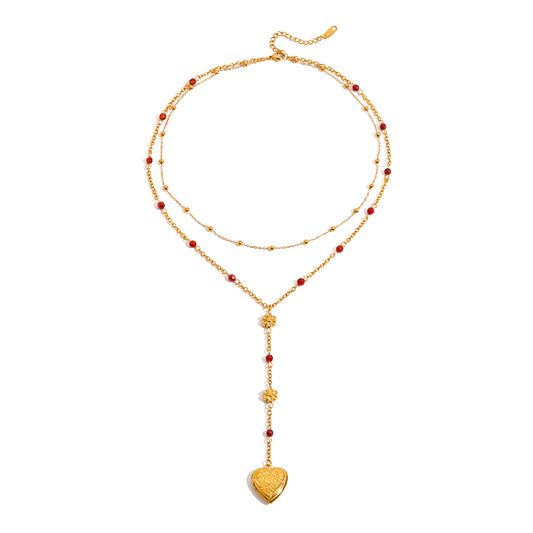 Layered Red Beaded Heart Lariat Necklace
