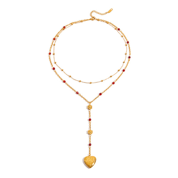 Layered Red Beaded Heart Lariat Necklace