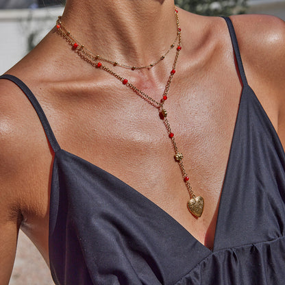 Layered Red Beaded Heart Lariat Necklace