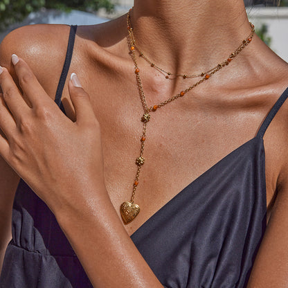 Layered Red Beaded Heart Lariat Necklace
