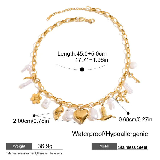 Gold Heart & Charm Pearl Necklace