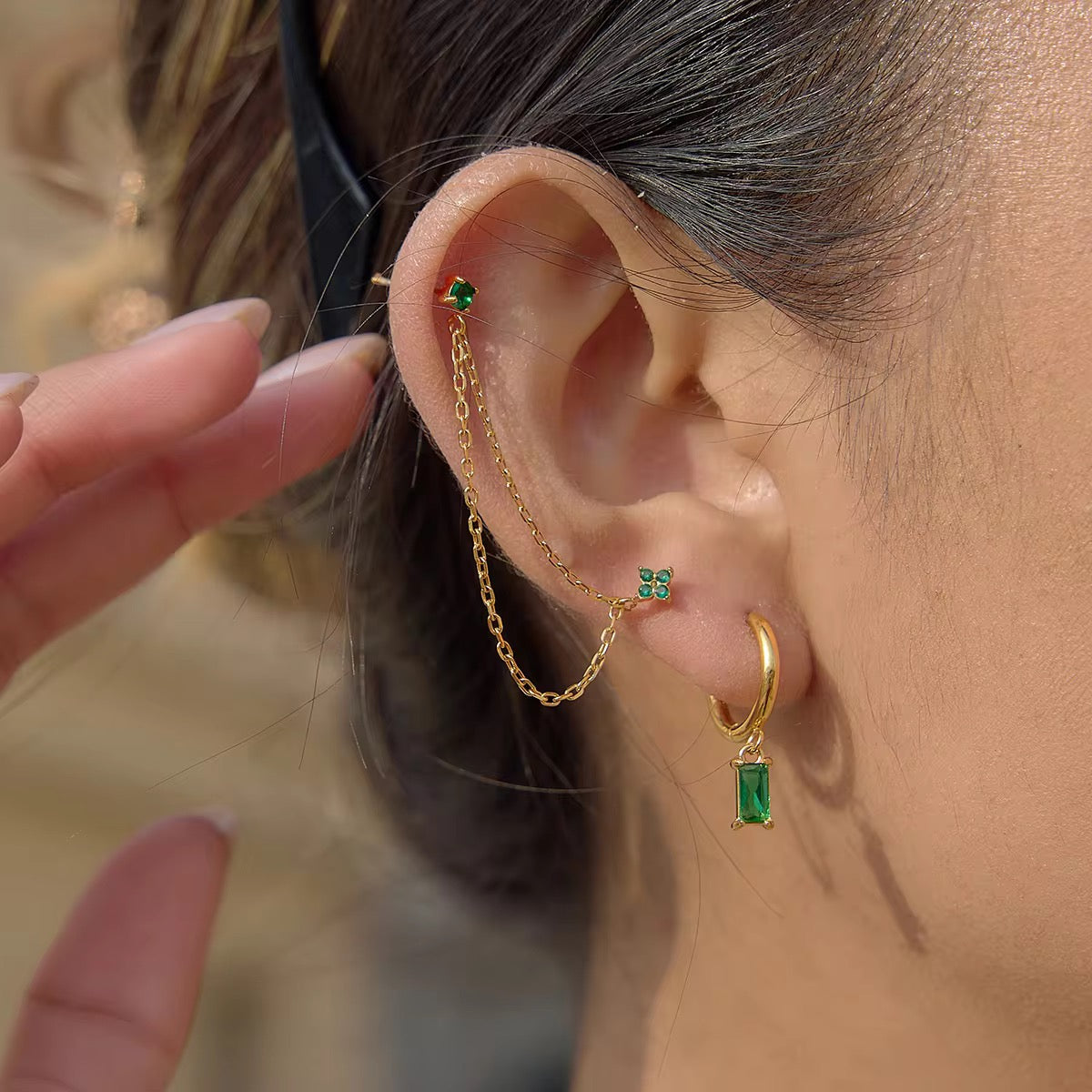 Emerald Trinity Ear Stack Set